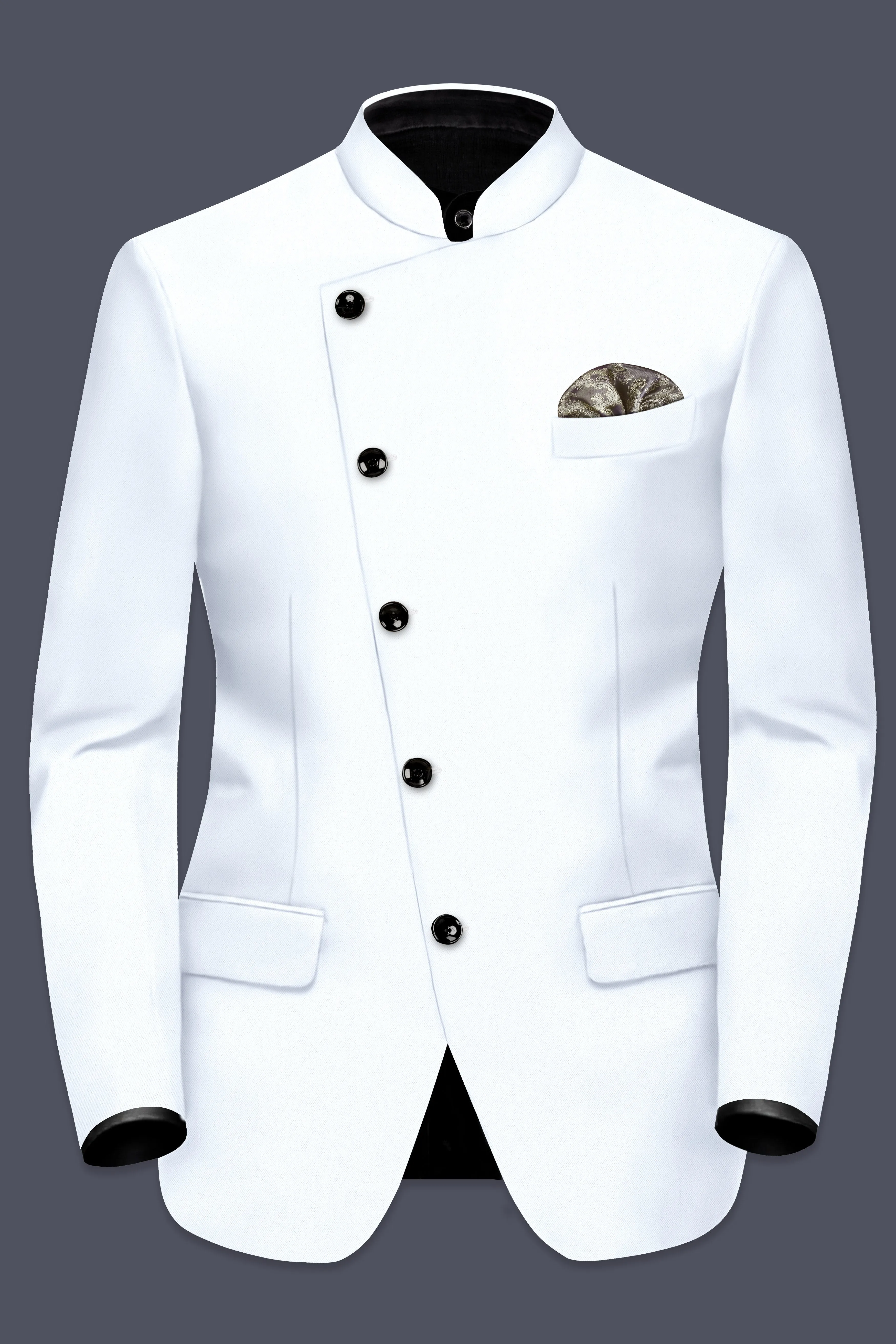 Bright White Solid Wool Rich Cross Placket Bandhgala Stretchable traveler Blazer sold by French Crown product image thumbnail 2