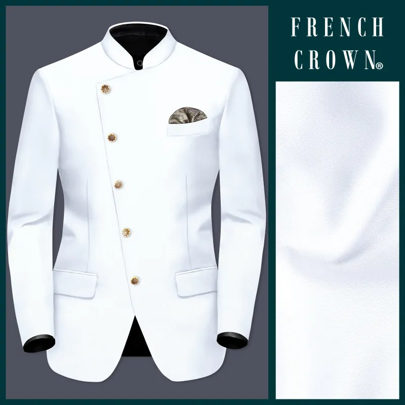 Bright White Stretchable Subtle Sheen Cross Placket Bandhgala/Mandarin Blazer sold by French Crown