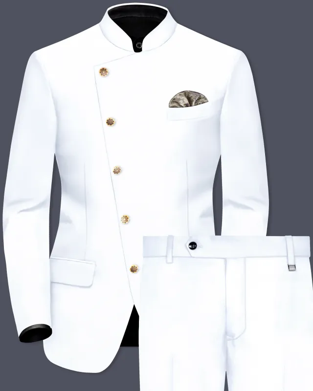 Bright White Stretchable Subtle Sheen Cross Placket Bandhgala/Mandarin Suit sold by French Crown