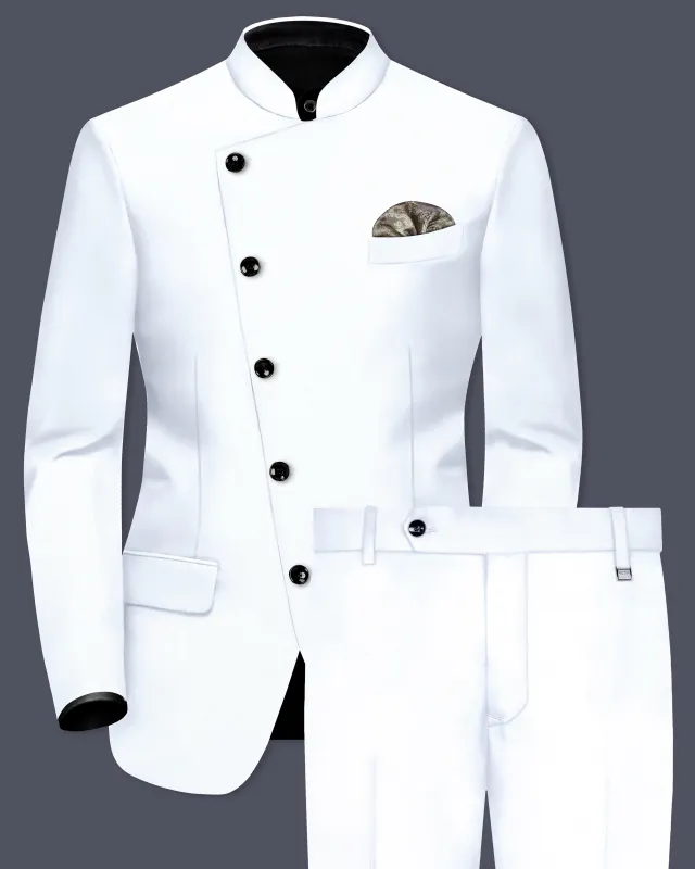 Bright White Solid Wool Rich Cross Placket Bandhgala Stretchable traveler Suit sold by French Crown
