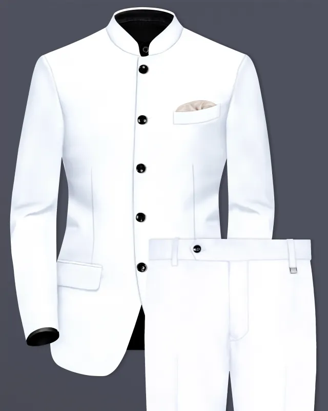 Bright White Solid Wool Rich Bandhgala Stretchable traveler Suit sold by French Crown