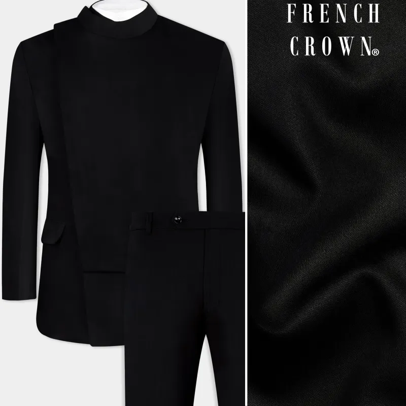 Jade Black Stretchable Wool Rich Bandhgala Designer Suit sold by French Crown