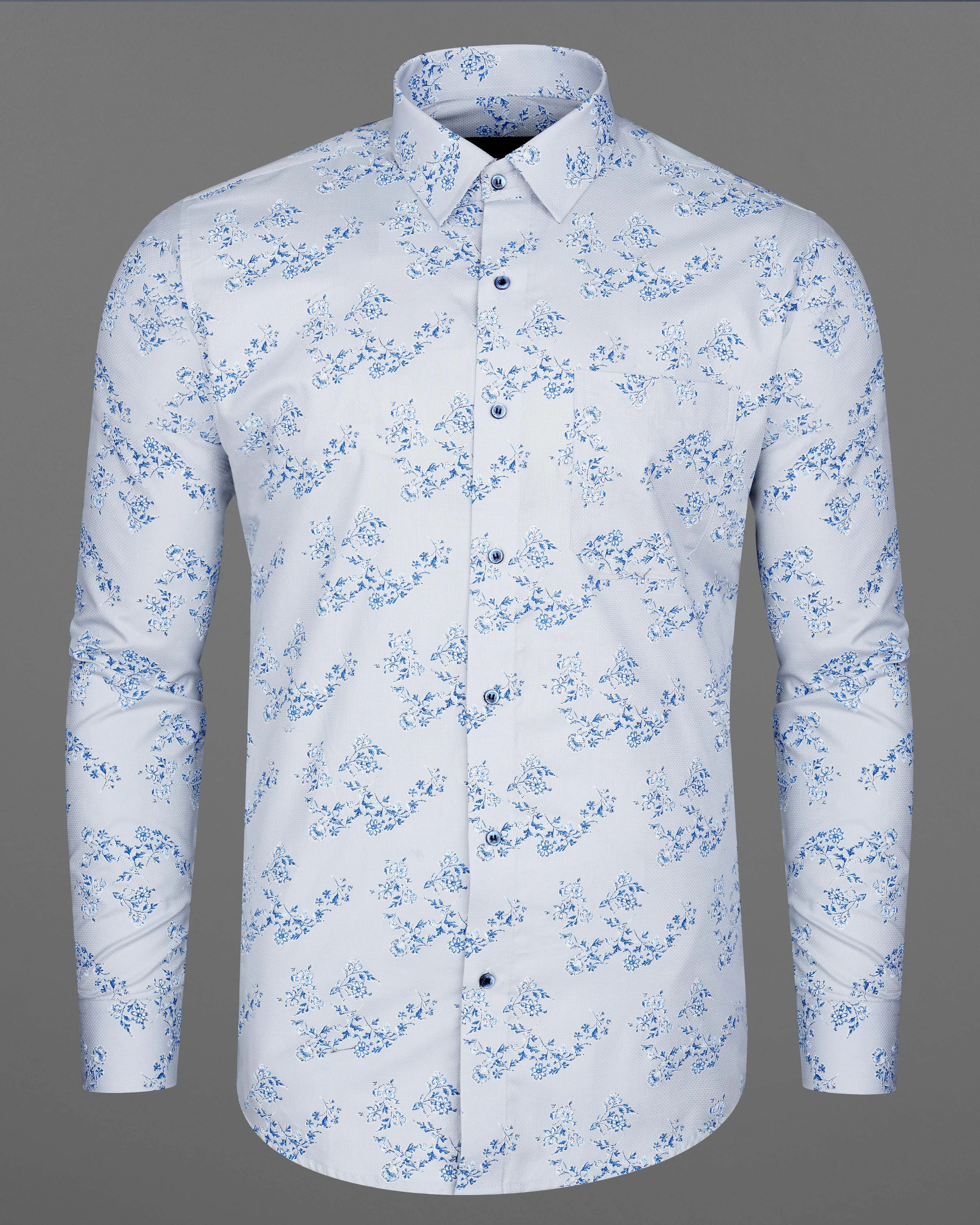 Zircon Grey and Celestial Blue Floral Print Dobby Textured Giza Cotton Shirt sold by French Crown product image thumbnail 5