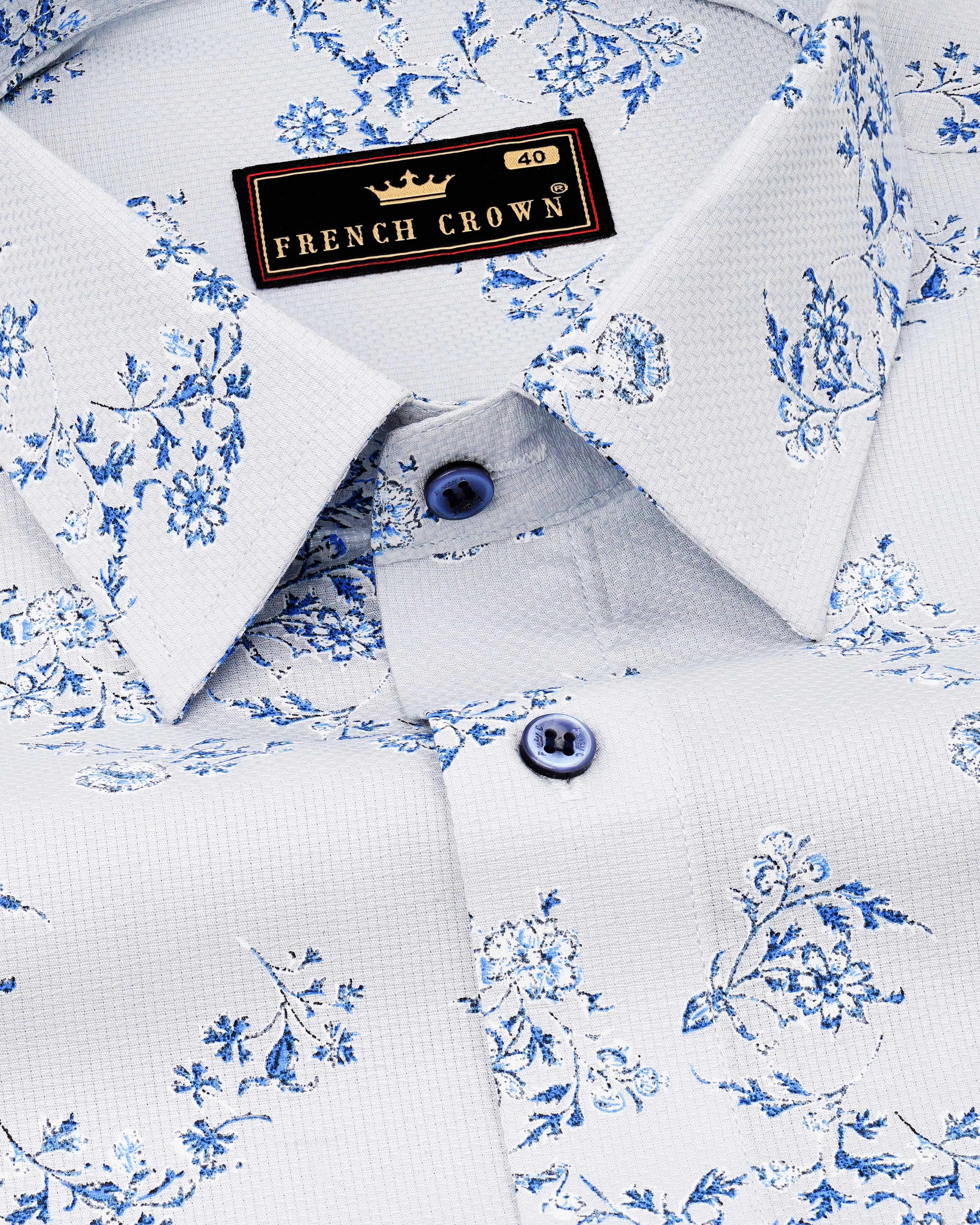 Zircon Grey and Celestial Blue Floral Print Dobby Textured Giza Cotton Shirt sold by French Crown