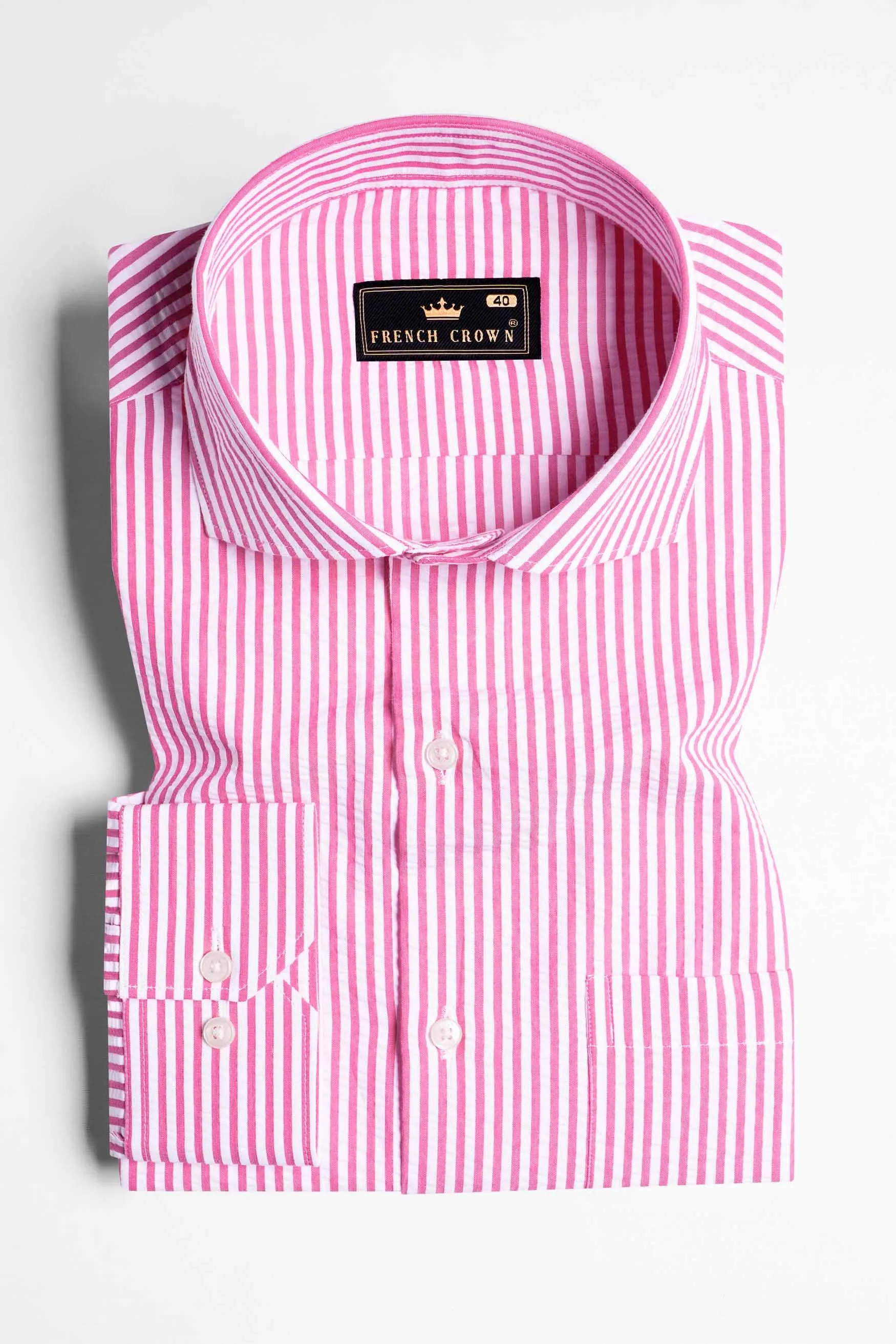 Taffy Pink and Bright White Striped Seersucker Giza Cotton Shirt sold by French Crown product image thumbnail 3