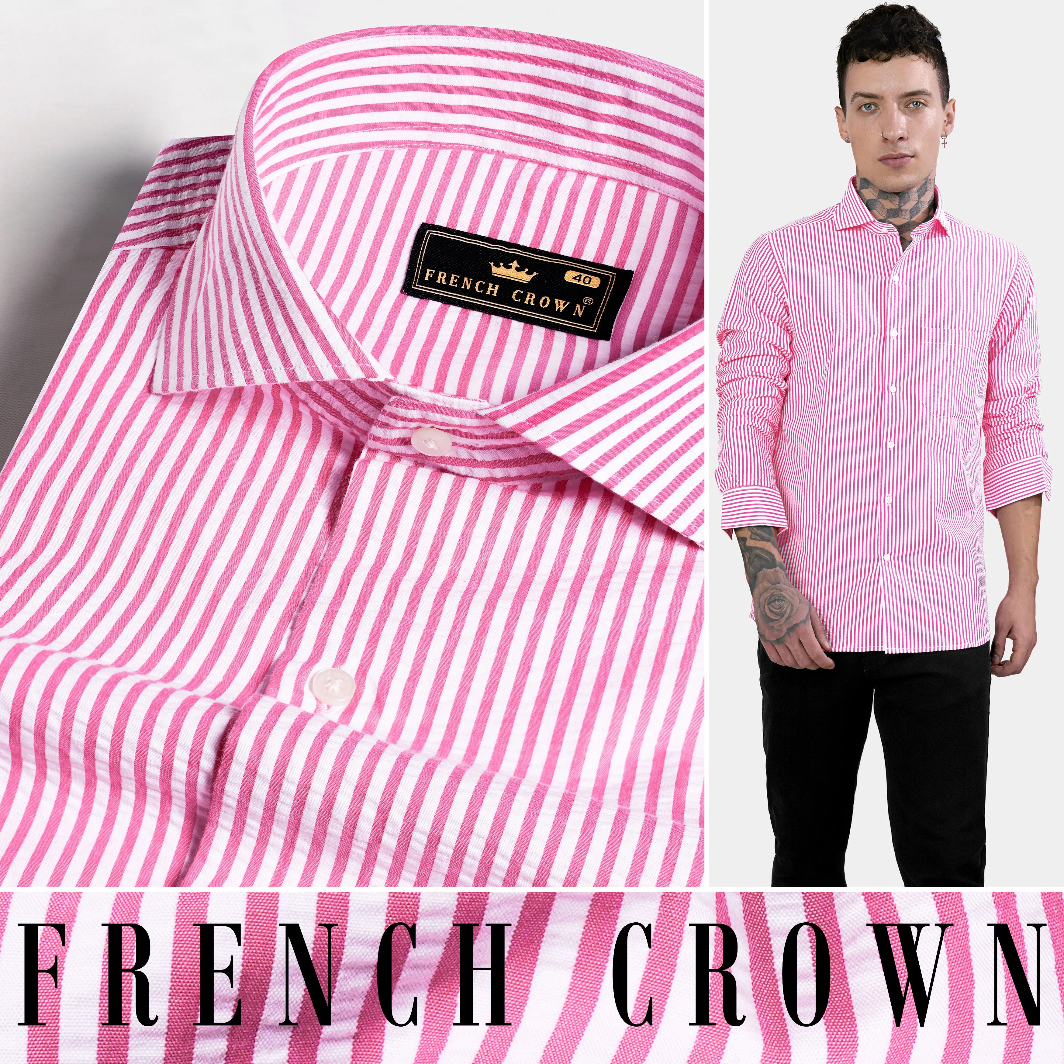 Taffy Pink and Bright White Striped Seersucker Giza Cotton Shirt sold by French Crown product image thumbnail 4
