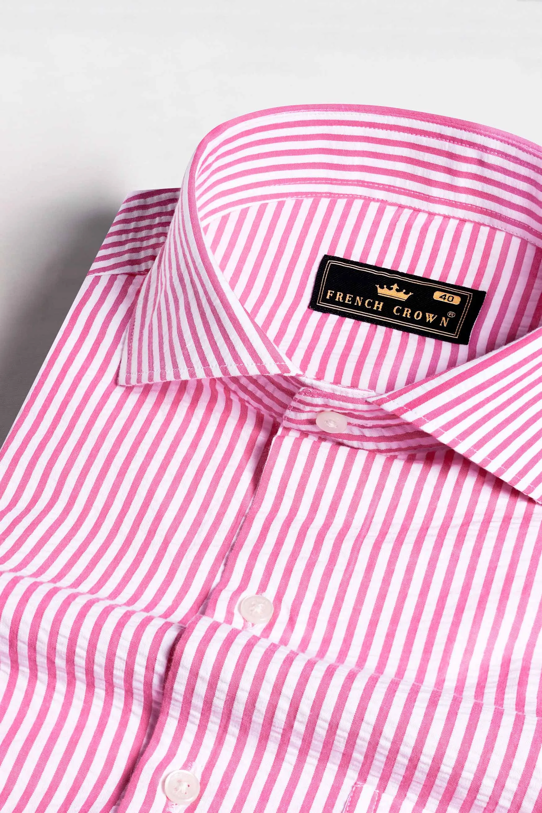 Taffy Pink and Bright White Striped Seersucker Giza Cotton Shirt sold by French Crown