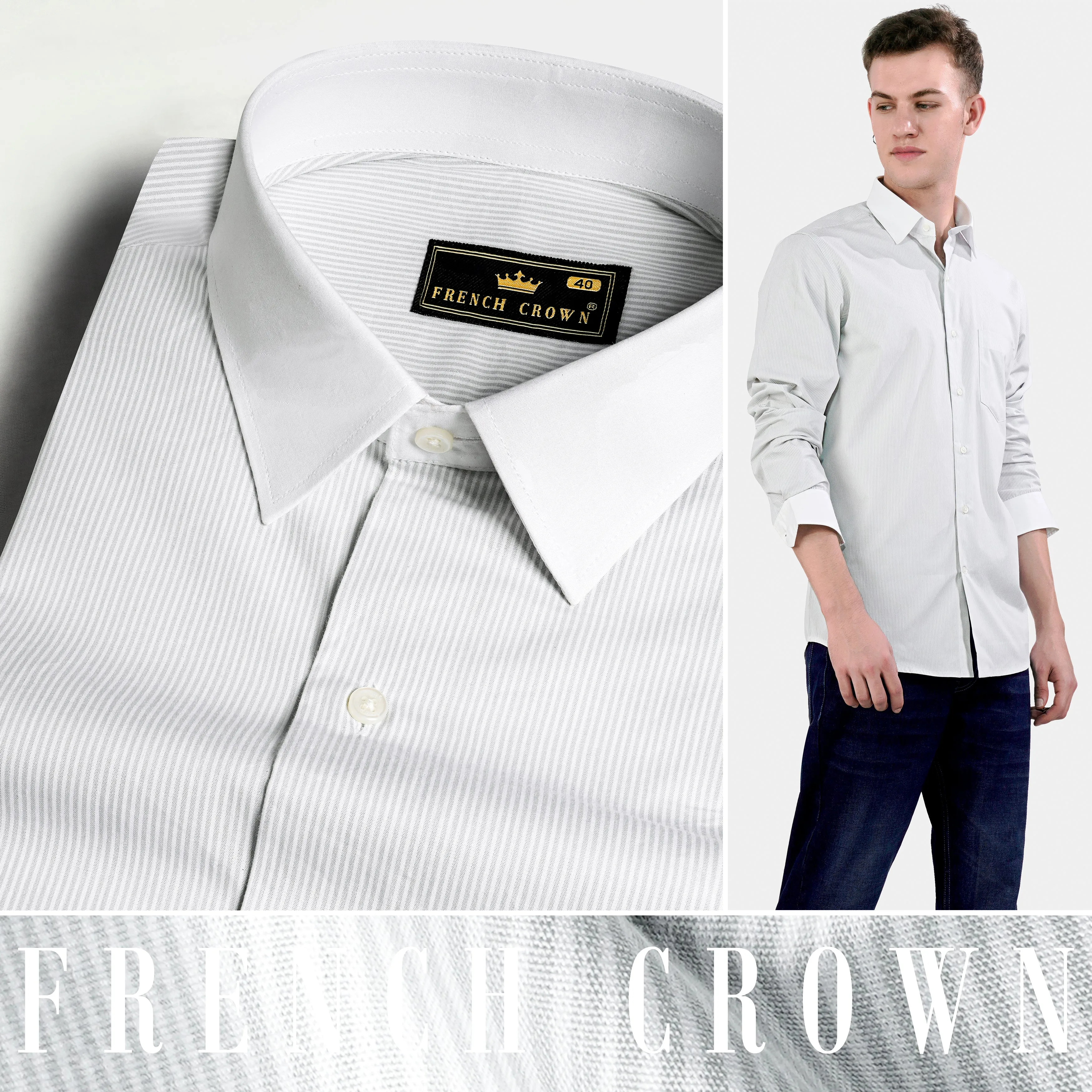 Gainsboro Gray Striped with White Cuffs and Collar Premium Cotton Shirt sold by French Crown product image thumbnail 4