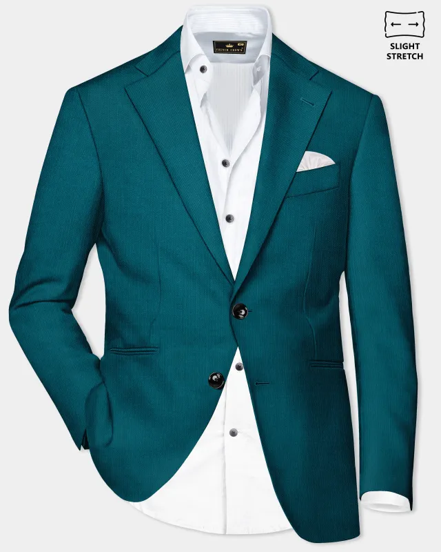 Sapphire-Peacock Blue Solid Wool Rich Single Breasted Slight Stretch Blazer sold by French Crown