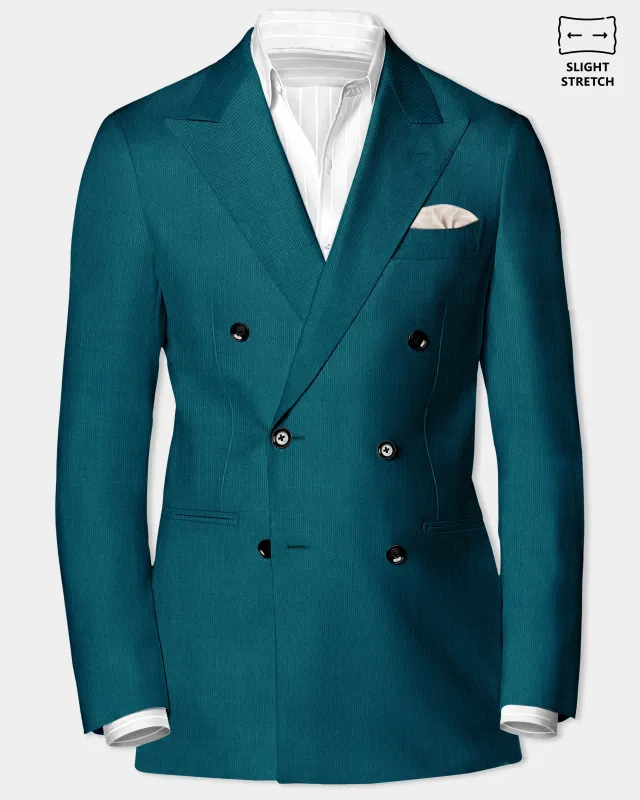 Sapphire-Peacock Blue Solid Wool Rich Double Breasted Slight Stretch Blazer sold by French Crown