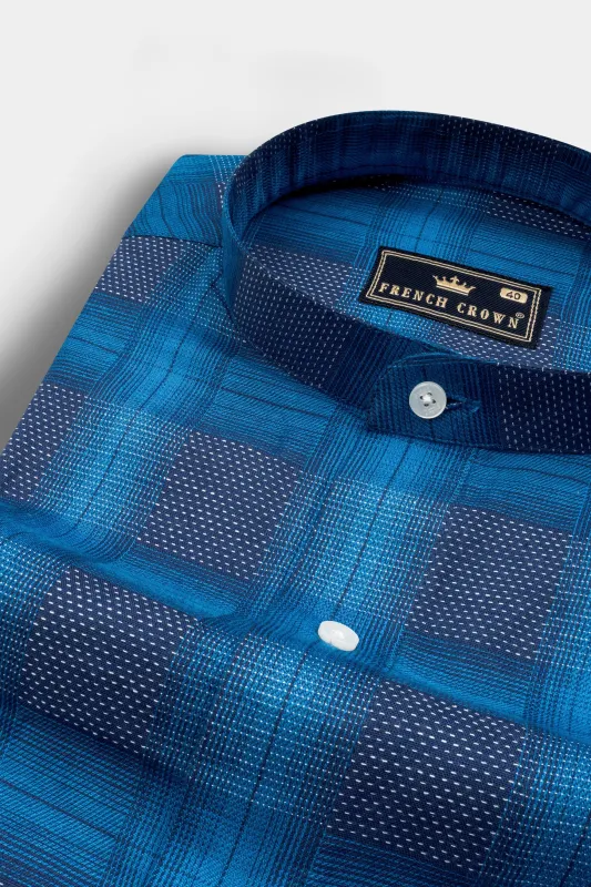 Cerulean Blue Windowpane Dobby Premium Giza Cotton Shirt sold by French Crown