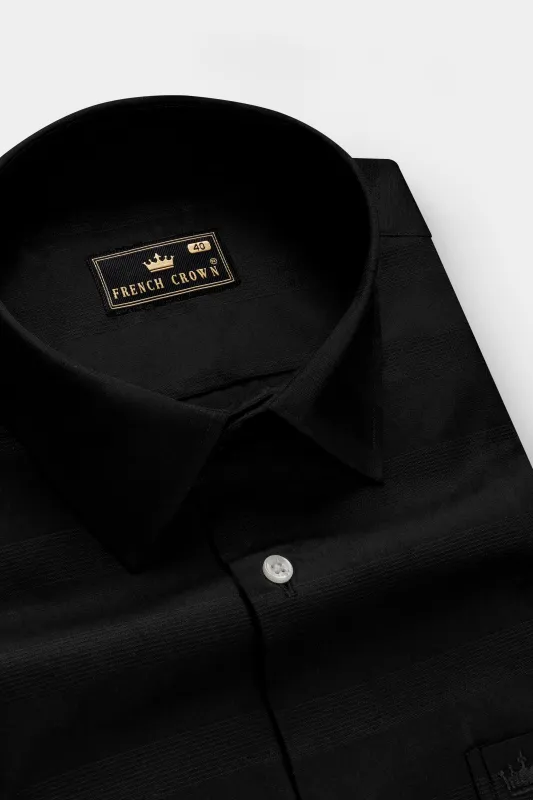 Noir Crest-Jade Black Striped Dobby Textured Premium Giza Cotton Dress Shirt sold by French Crown