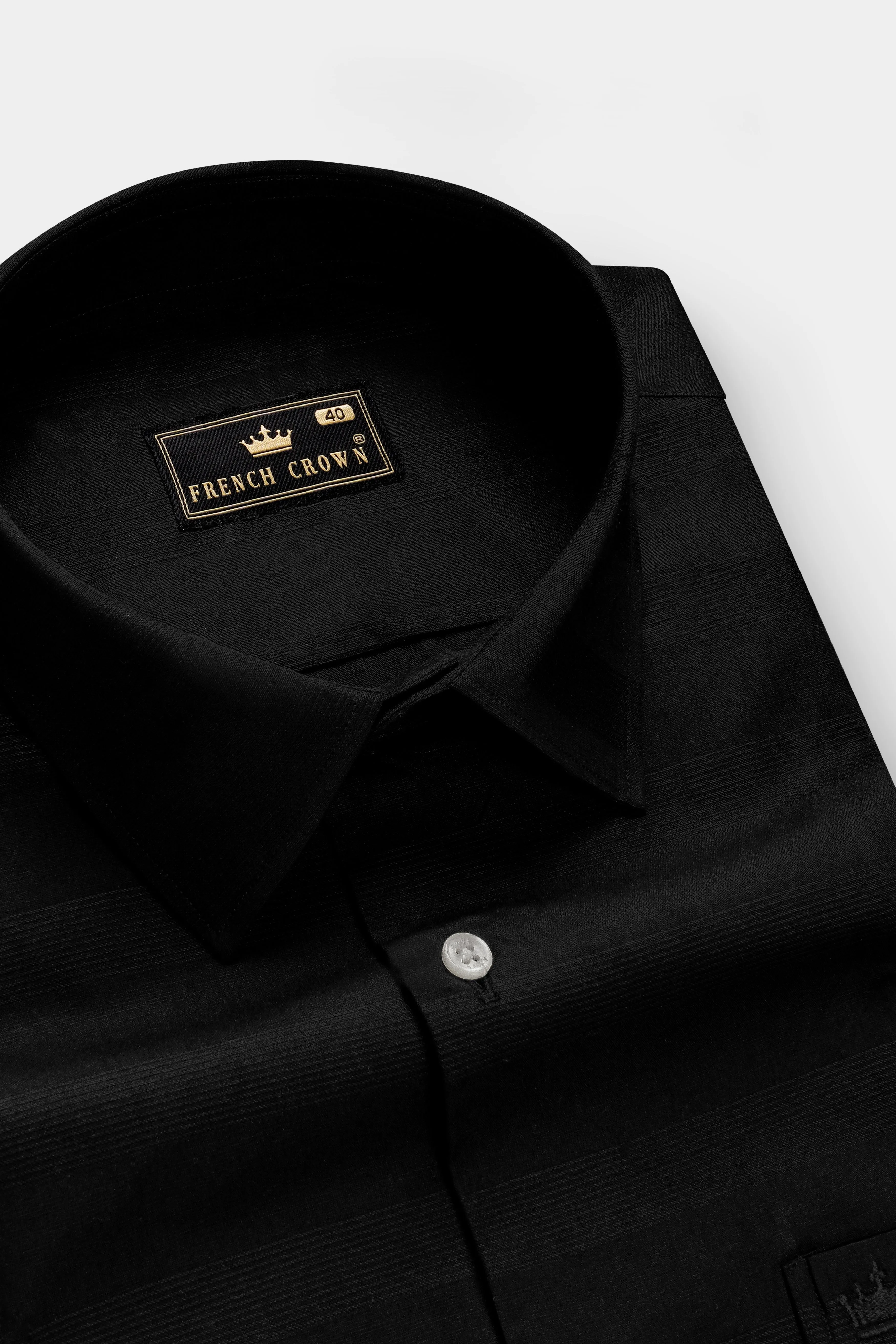 Noir Crest-Jade Black Striped Dobby Textured Premium Giza Cotton Dress Shirt sold by French Crown