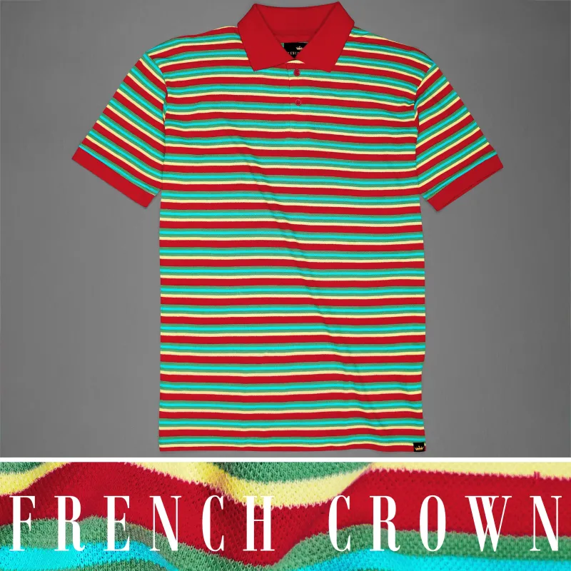 Shiraz Red and Viridian Green Multicolour Striped Super Soft Organic Cotton Mercerised Pique Polo sold by French Crown