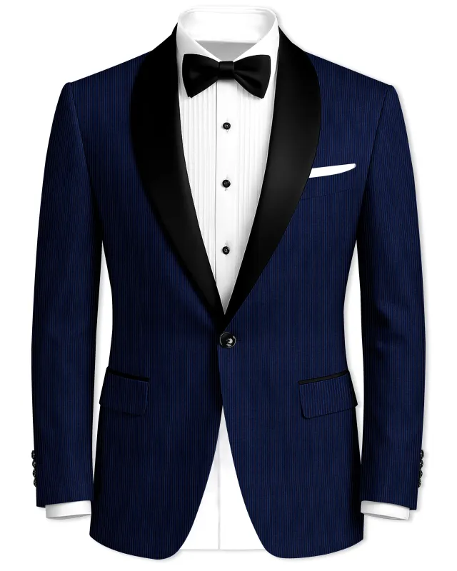 Midnight and Chambray blue Striped Woolrich Tuxedo Blazer sold by French Crown