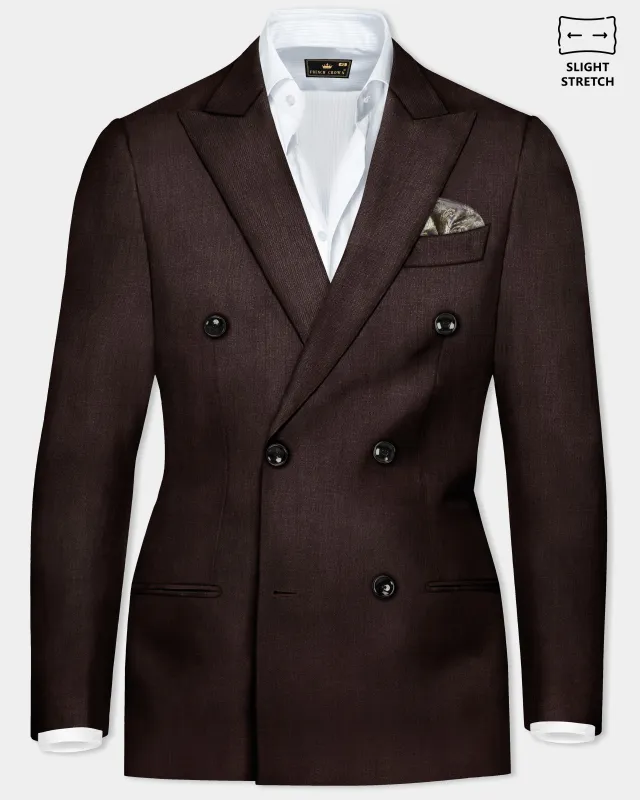 Espresso-Hickory Brown Solid Wool Rich Double Breasted Slight Stretch Blazer sold by French Crown