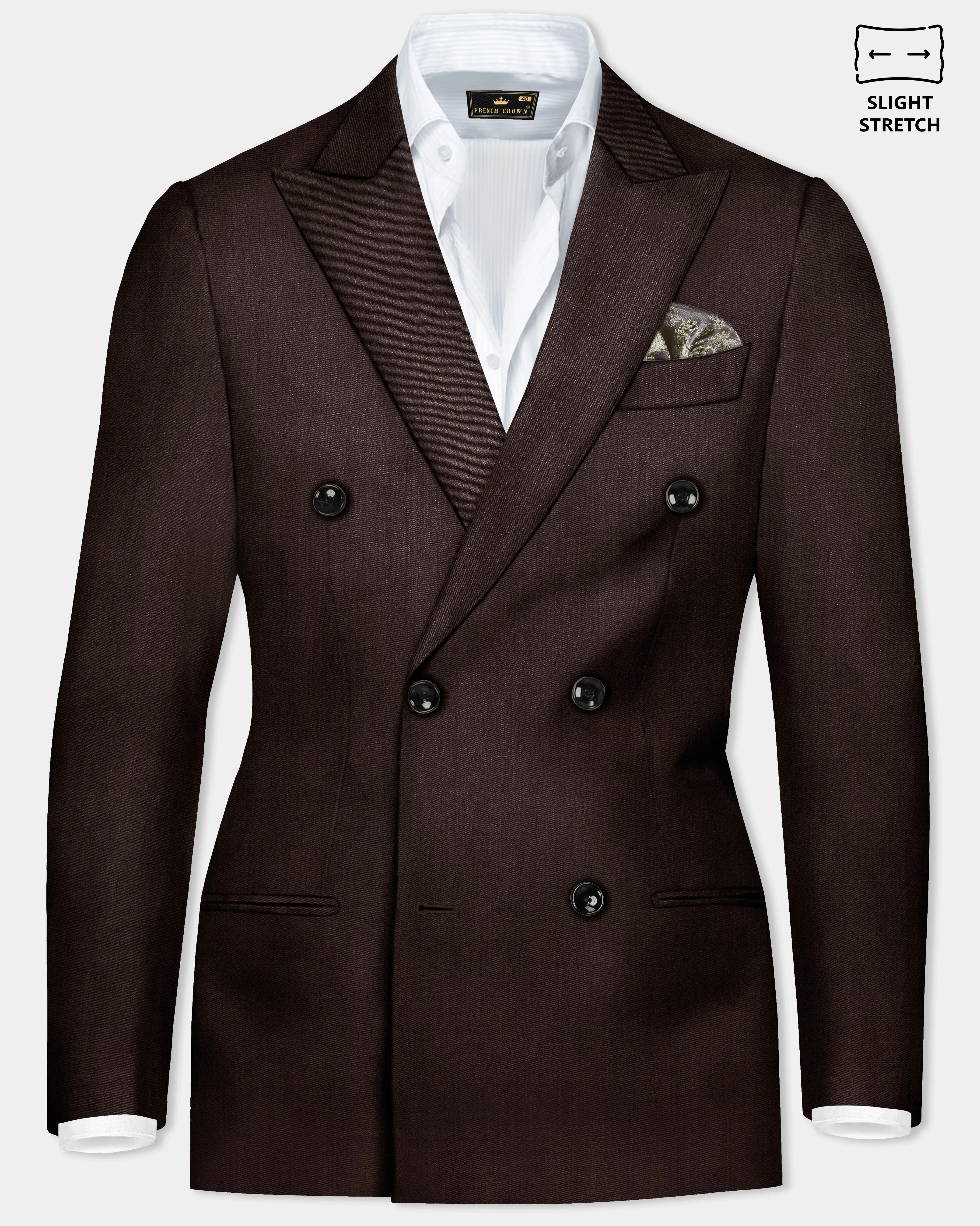 Espresso-Hickory Brown Solid Wool Rich Double Breasted Slight Stretch Blazer sold by French Crown