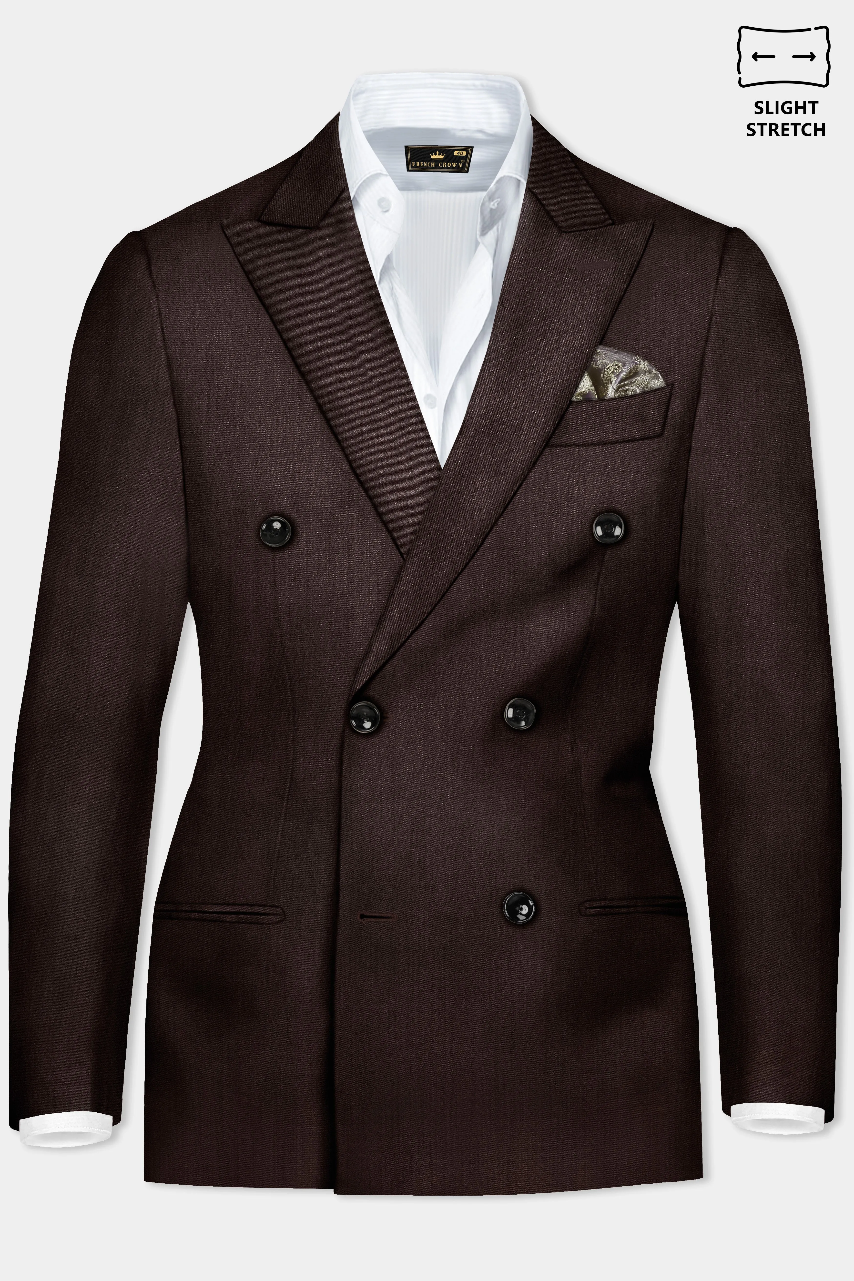 Espresso-Hickory Brown Solid Wool Rich Double Breasted Slight Stretch Blazer sold by French Crown product image thumbnail 2