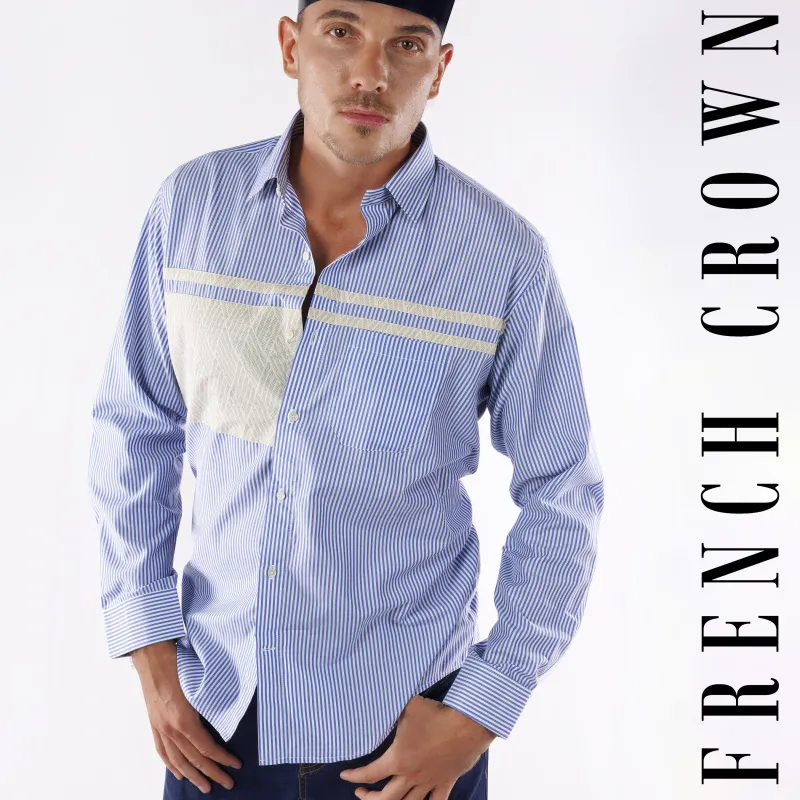 Glaucous Blue and White Striped Premium Cotton Designer Shirt sold by French Crown
