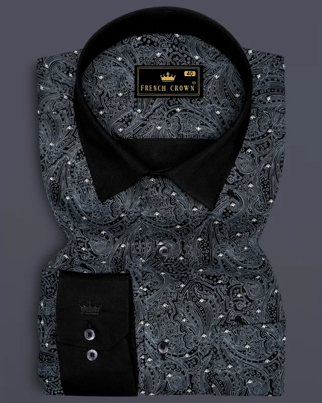 Shadique-Jade Black Paisleys Printed Subtle Sheen Super Soft Premium Cotton Semi Formal Shirt sold by French Crown