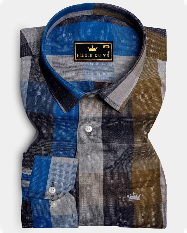 Tidal Fawn-Lapis Blue And Shingle Brown Plaid Dobby Textured Premium Giza Cotton Casual Designer Shirt sold by French Crown