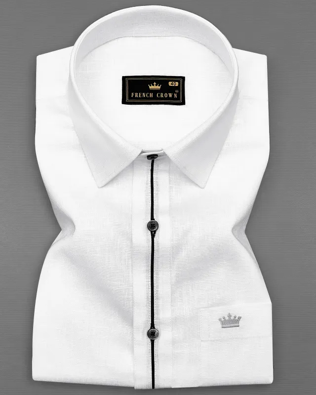 Bright White with Black Centre Piping Luxurious Linen Shirt sold by French Crown