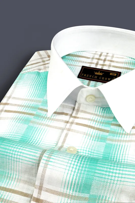 Bright White Twill Plaid Printed with White Collar Cuff Premium Cotton Shirt sold by French Crown