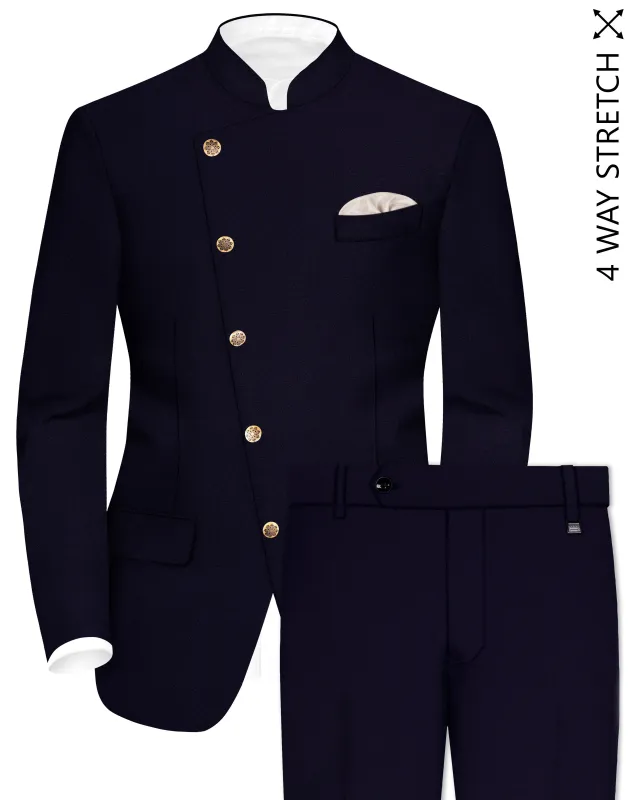 Vistaro-Korean Blue (The Best Blue We Have) 4-Way Stretch Wrinkle-Free Wool Rich Cross Placket Bandhgala Slight Stretch Suit sold by French Crown