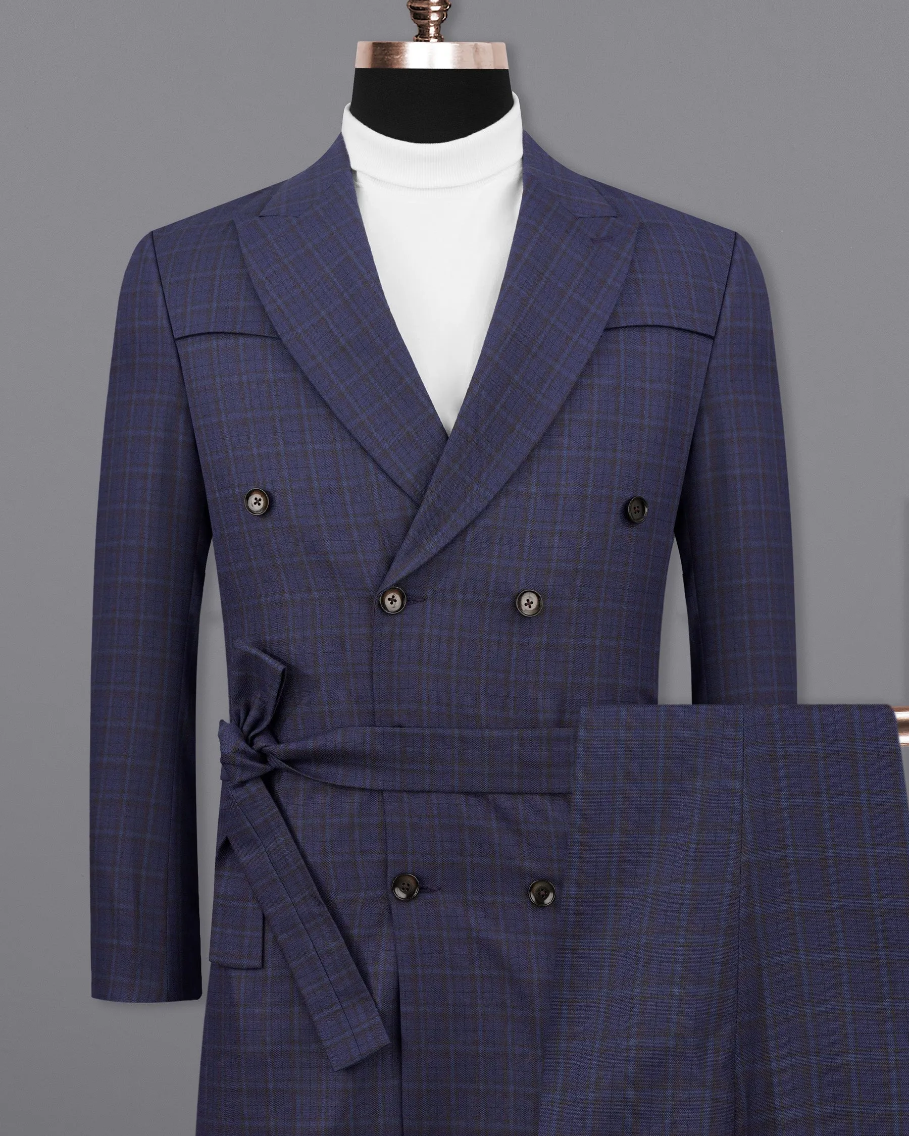Martinique blue Subtle Checkered Double Breasted with Belt Closure Designer Overcoat with Pant sold by French Crown product image thumbnail 2