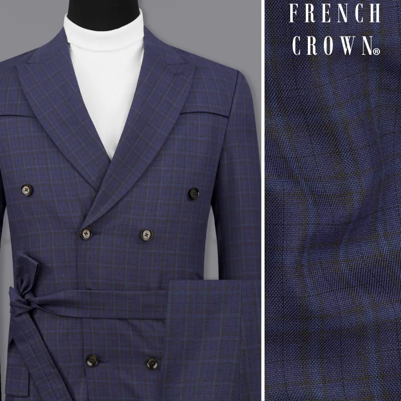 Martinique blue Subtle Checkered Double Breasted with Belt Closure Designer Overcoat with Pant made by French Crown