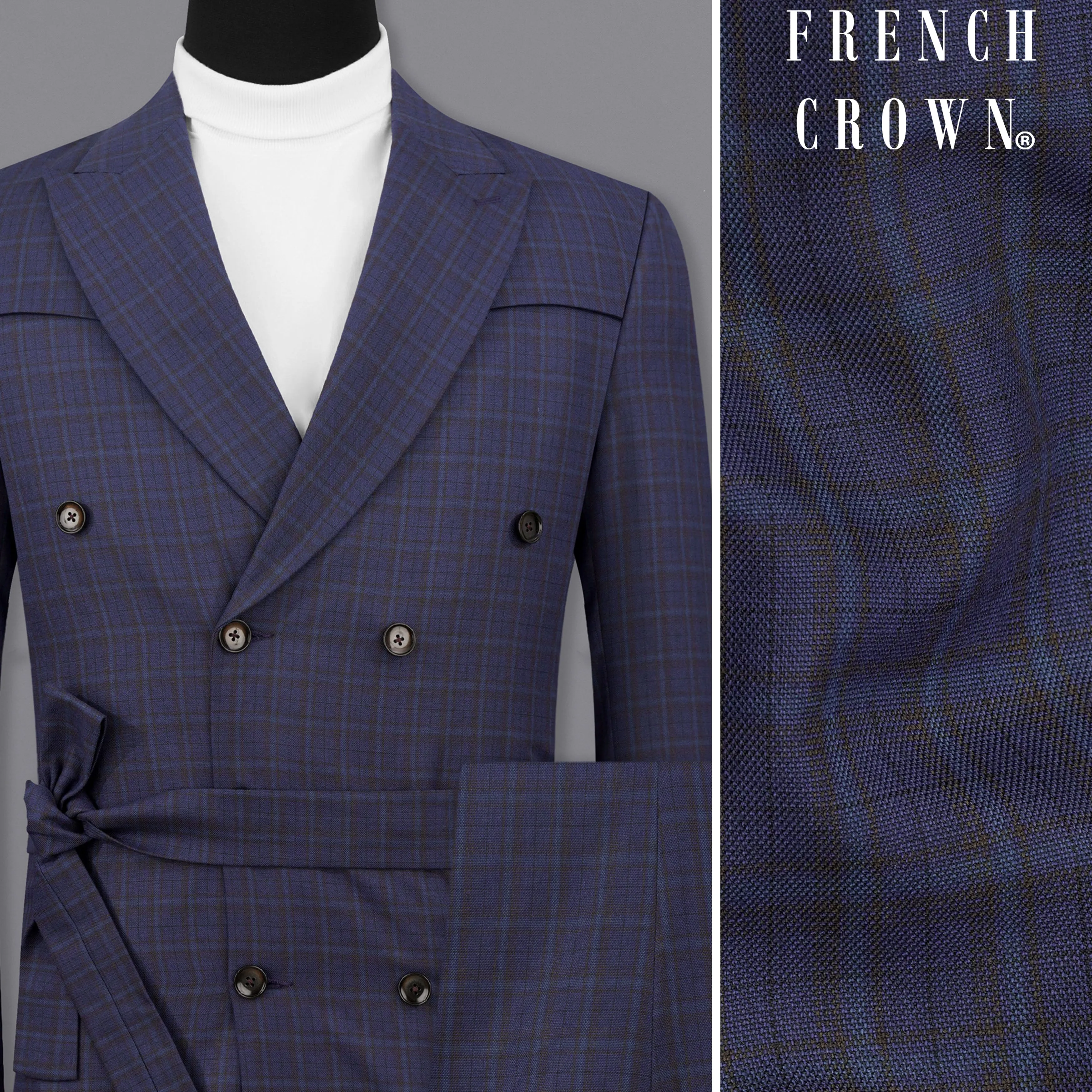 Martinique blue Subtle Checkered Double Breasted with Belt Closure Designer Overcoat with Pant sold by French Crown