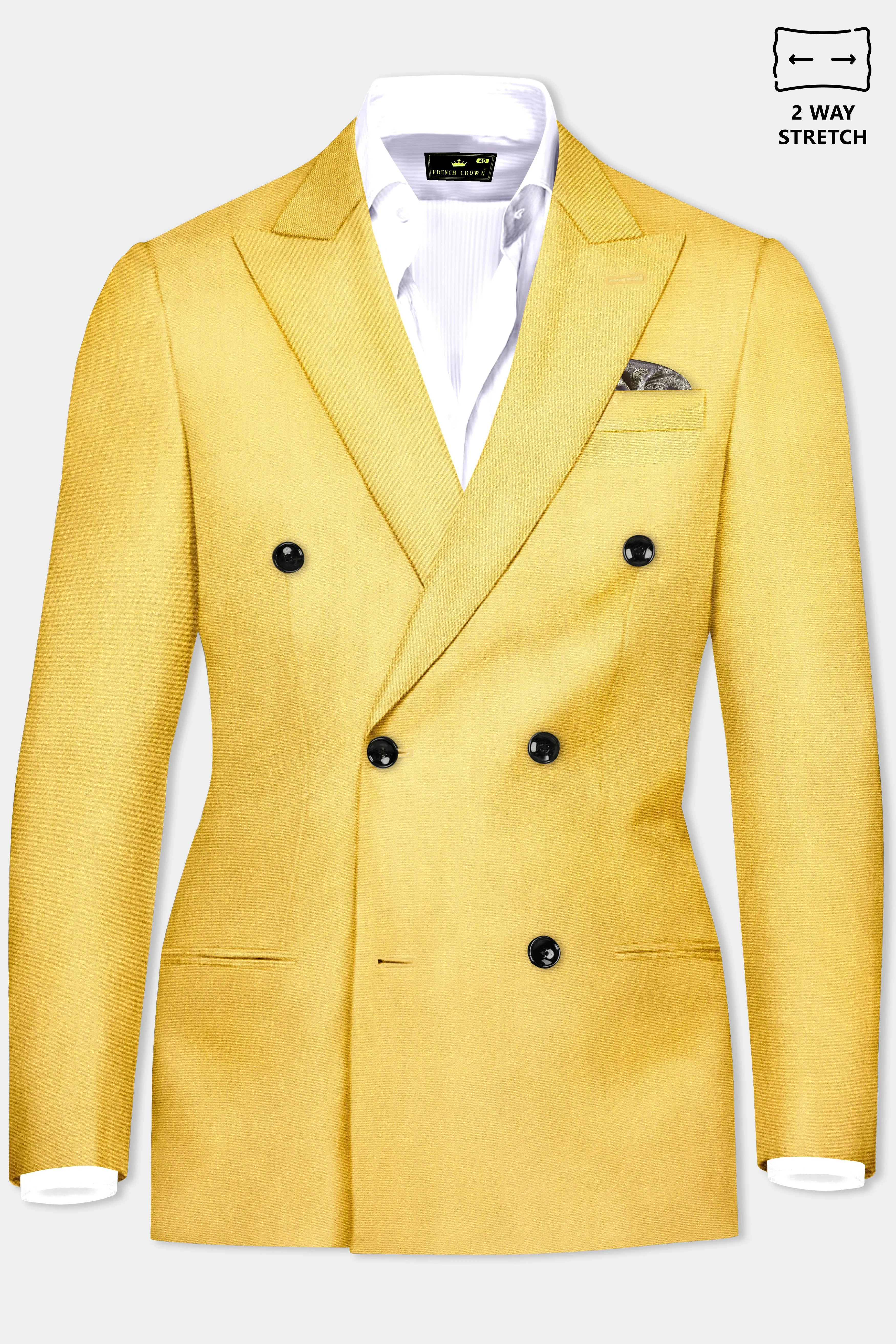 Saffron Elegance-Lemon Yellow Solid Wool Rich Double Breasted Slight Stretch Blazer sold by French Crown product image thumbnail 2