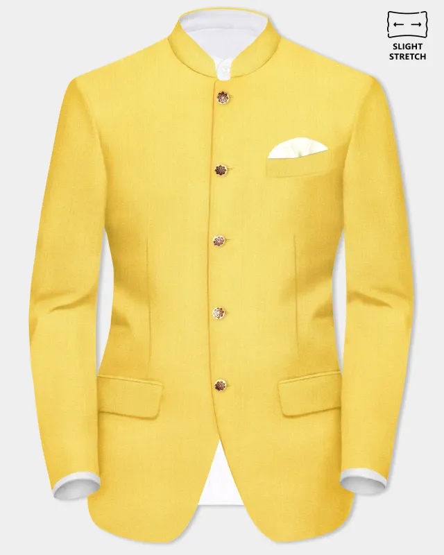 Saffron Elegance-Lemon Yellow Solid Wool Rich Bandhgala Slight Stretch Blazer sold by French Crown
