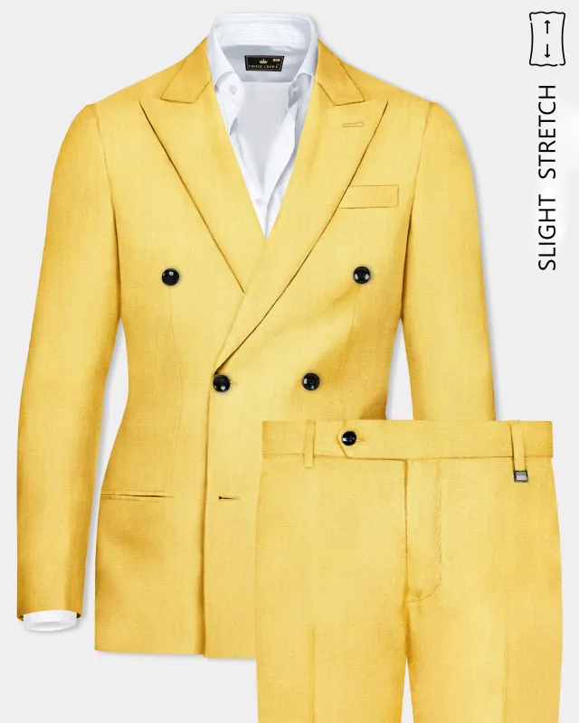 Saffron Elegance-Lemon Yellow Solid Wool Rich Double Breasted Slight Stretch Suit sold by French Crown