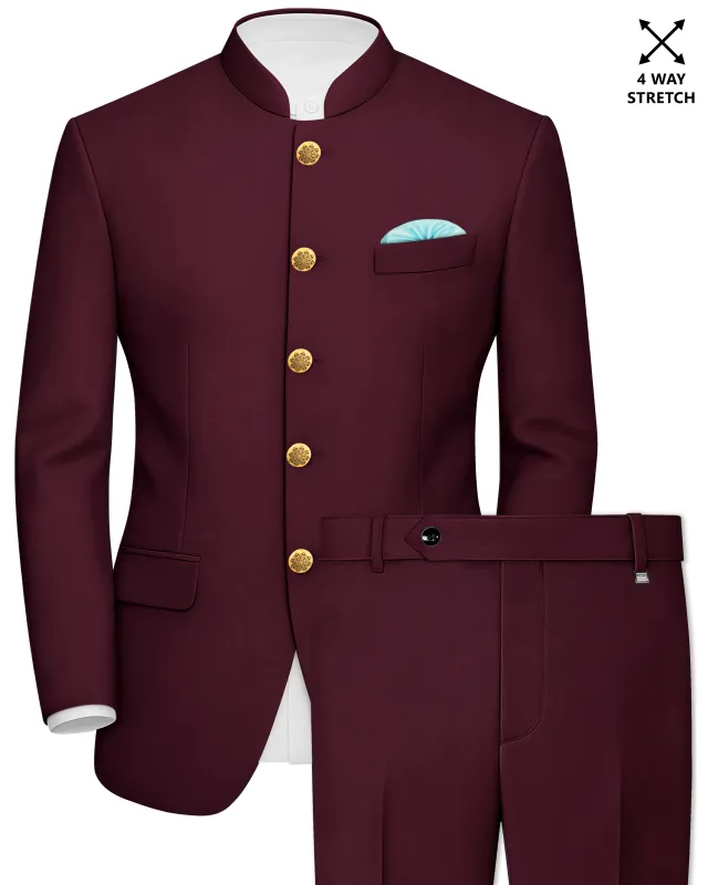 Flexmaro-Korean Crater Maroon 4-Way Stretch Wrinkle-Free Wool Rich Bandhgala Suit sold by French Crown