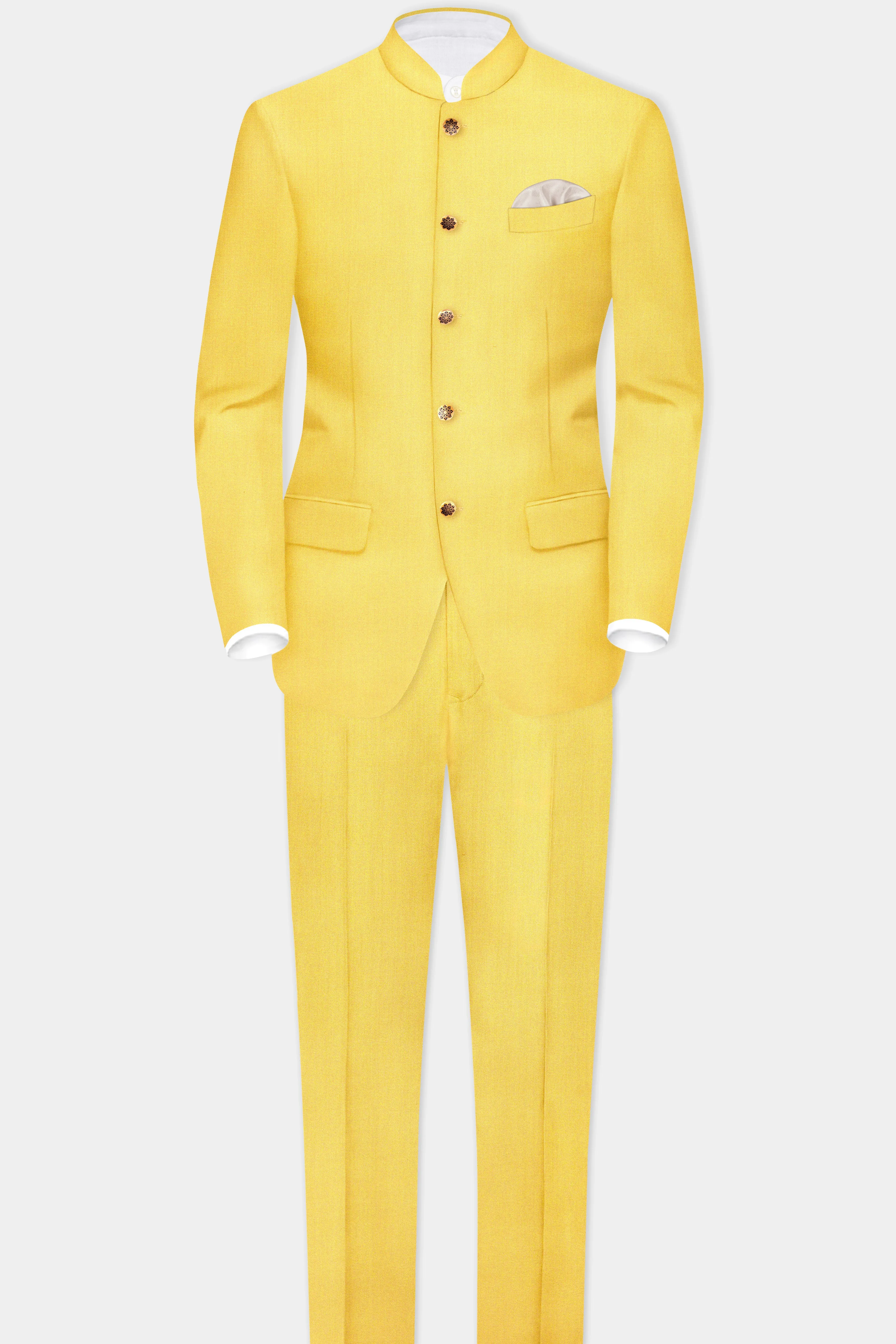 Saffron Elegance-Lemon Yellow Solid Wool Rich Bandhgala Slight Stretch Suit sold by French Crown product image thumbnail 4