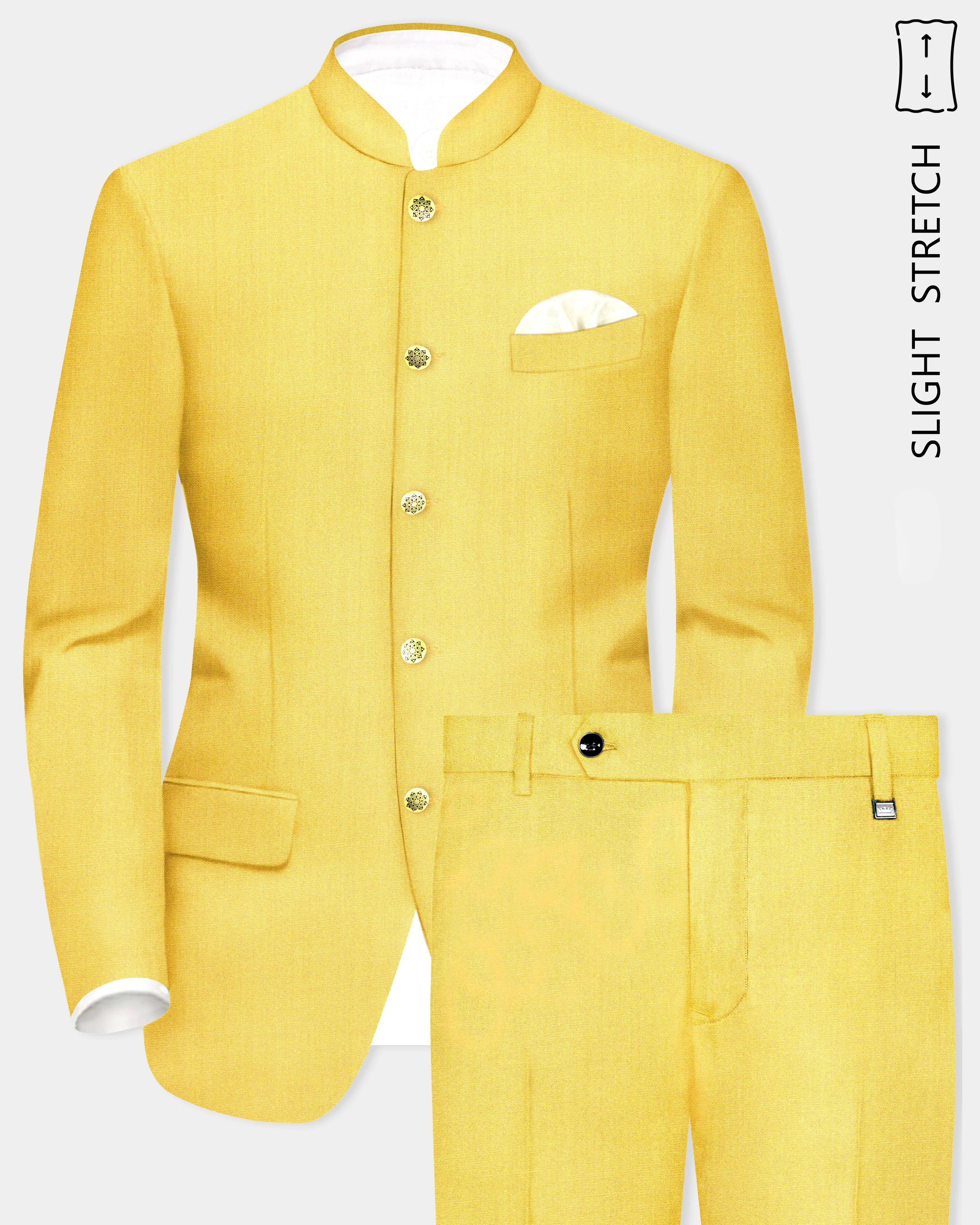 Saffron Elegance-Lemon Yellow Solid Wool Rich Bandhgala Slight Stretch Suit sold by French Crown