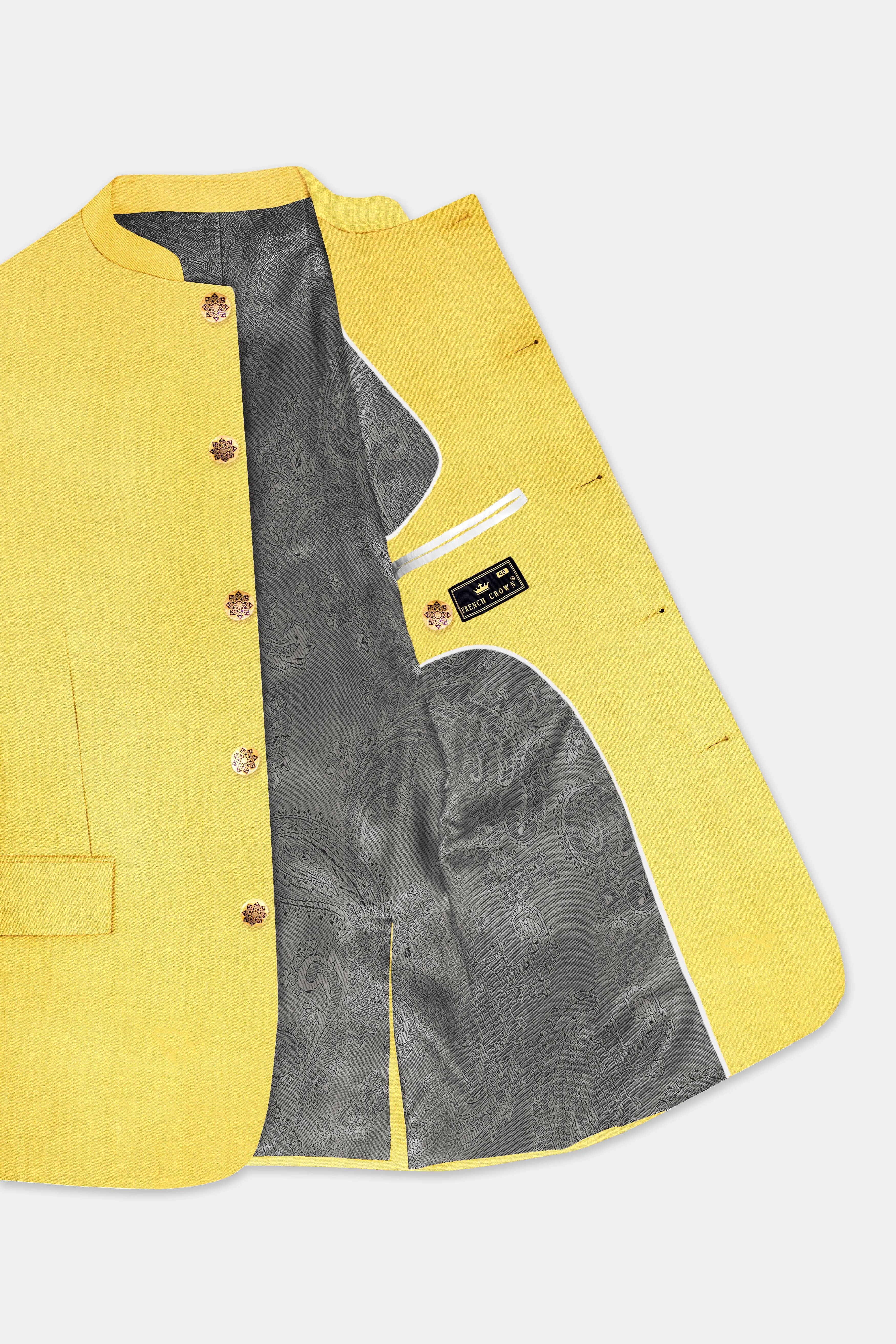 Saffron Elegance-Lemon Yellow Solid Wool Rich Bandhgala Slight Stretch Suit sold by French Crown product image thumbnail 5