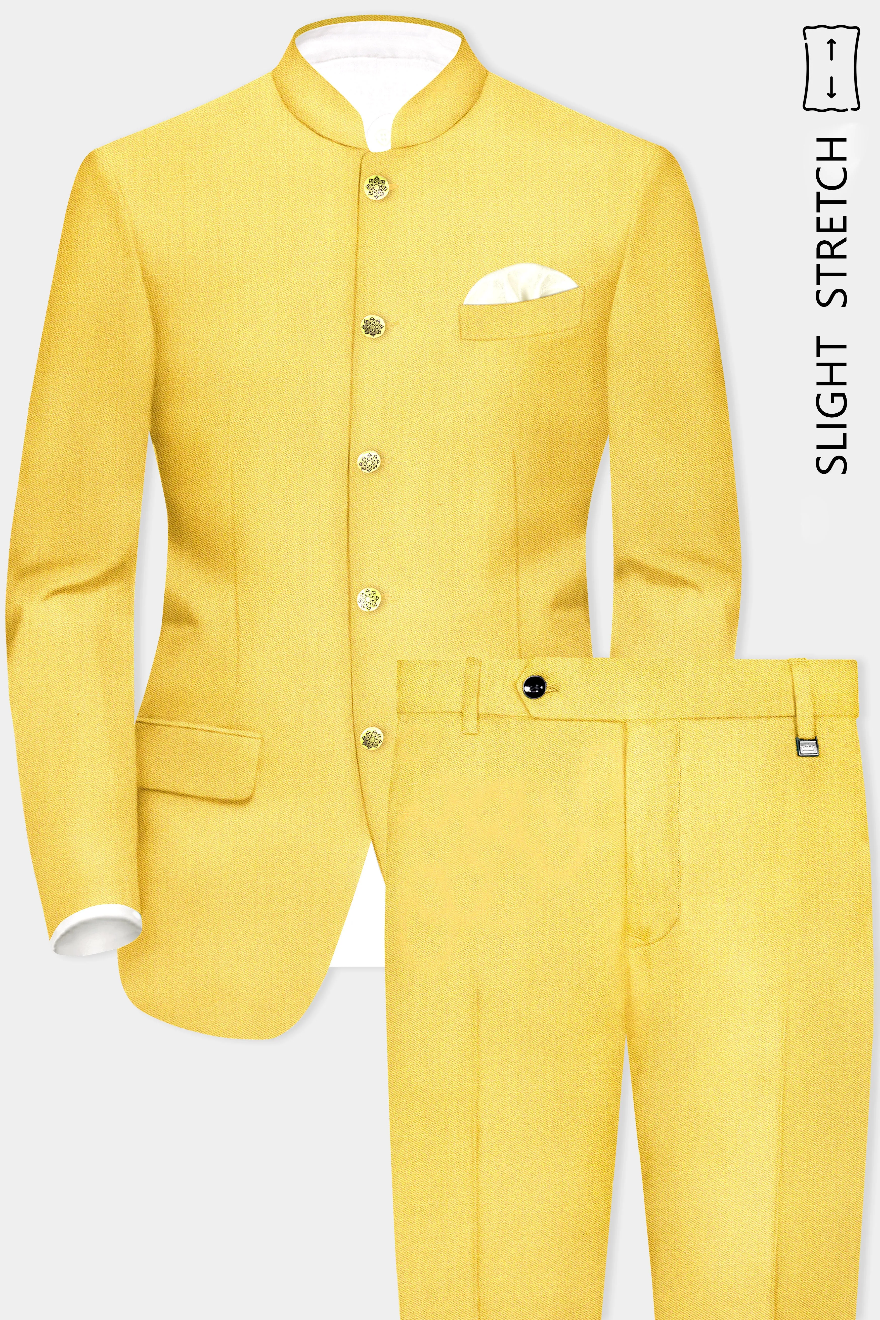 Saffron Elegance-Lemon Yellow Solid Wool Rich Bandhgala Slight Stretch Suit sold by French Crown product image thumbnail 2