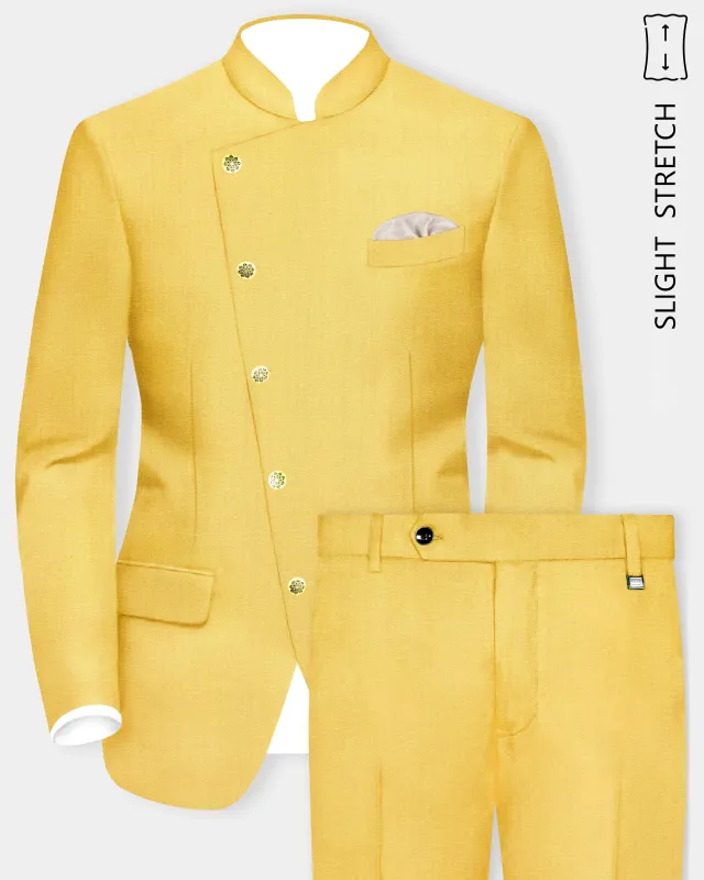 Saffron Elegance-Lemon Yellow Solid Wool Rich Cross Placket Bandhgala Slight Stretch Suit sold by French Crown