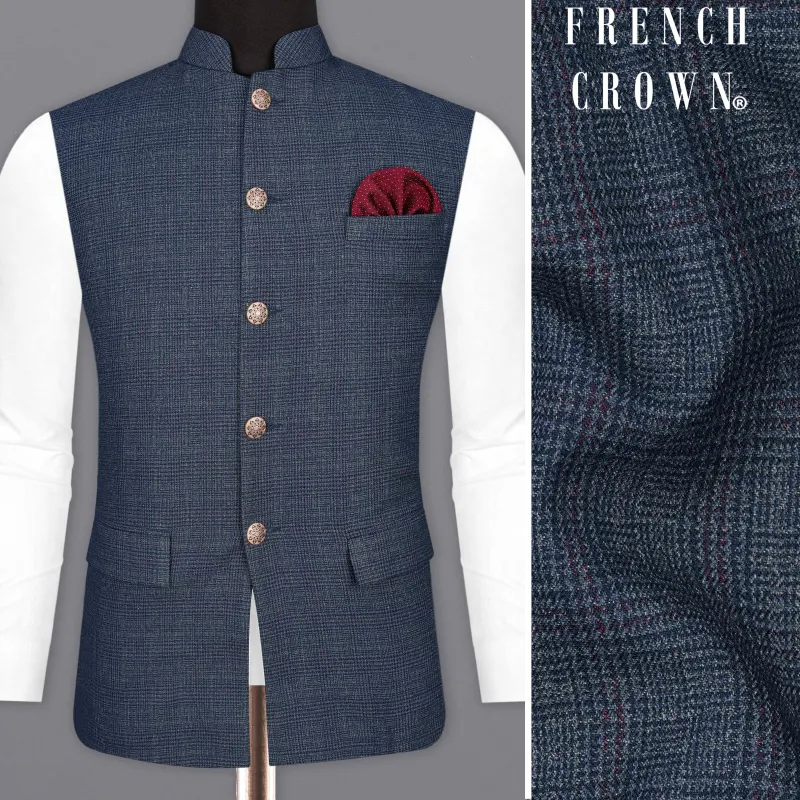Bunting Blue Subtle Plaid Bandhgala Nehru Jacket sold by French Crown