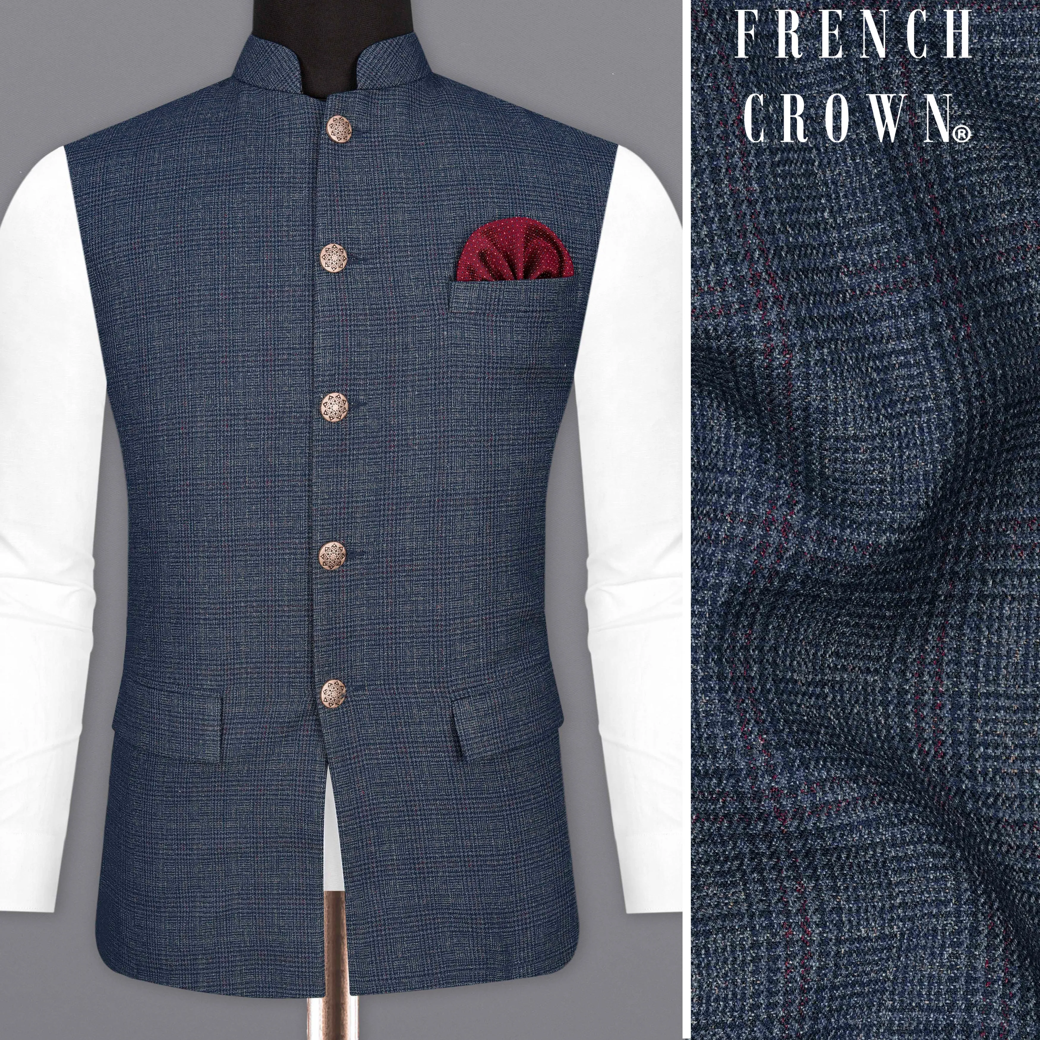 Bunting Blue Subtle Plaid Bandhgala Nehru Jacket sold by French Crown