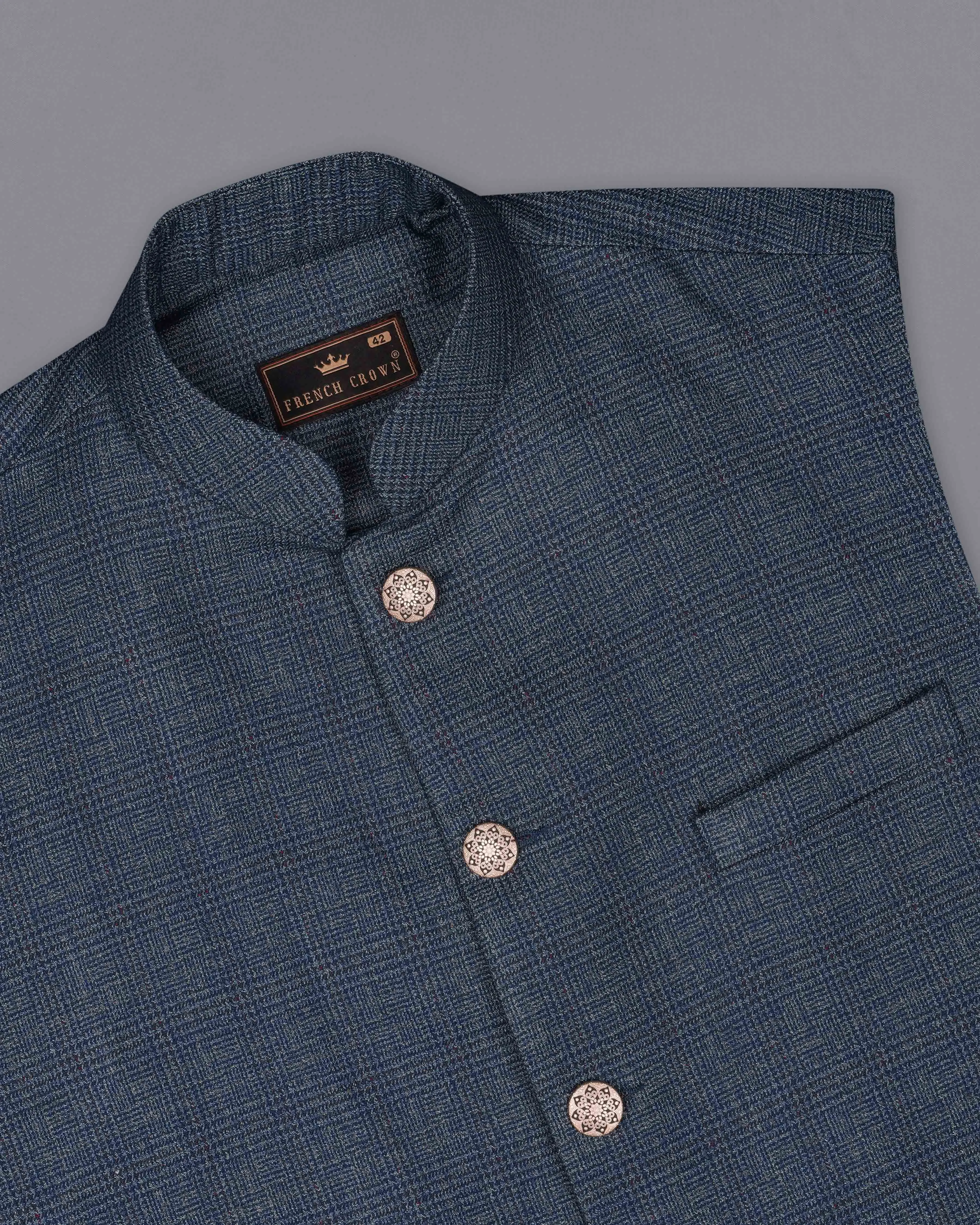 Bunting Blue Subtle Plaid Bandhgala Nehru Jacket sold by French Crown product image thumbnail 4