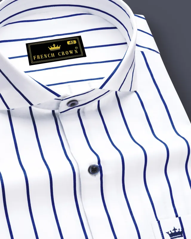 Lustrivon-Bright White And Downriver Blue Pin Striped Subtle Sheen Super Soft Premium Cotton Cut Away Collar Dress Shirt sold by French Crown