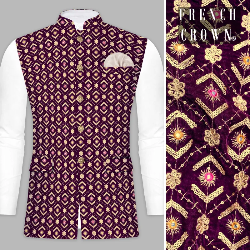Blackberry Purple Velvet Thread And Sequin Embroidered Nehru Jacket sold by French Crown