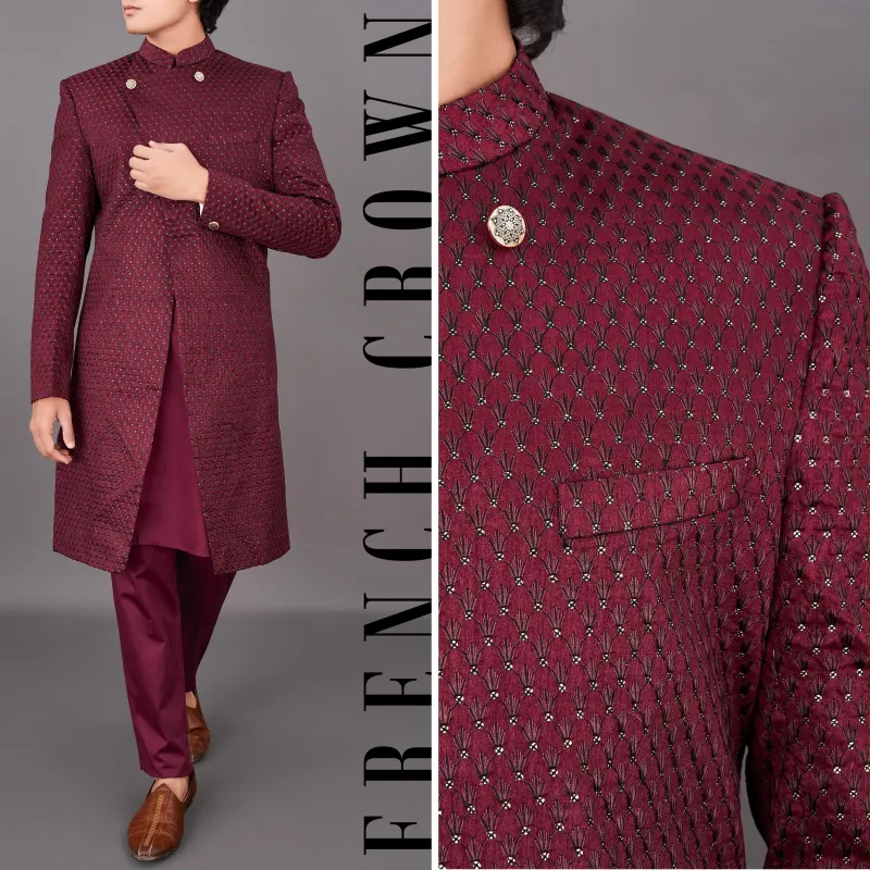 Espresso Maroon and Sequence Embroidered Sherwani with Kurta and Pants Set sold by French Crown
