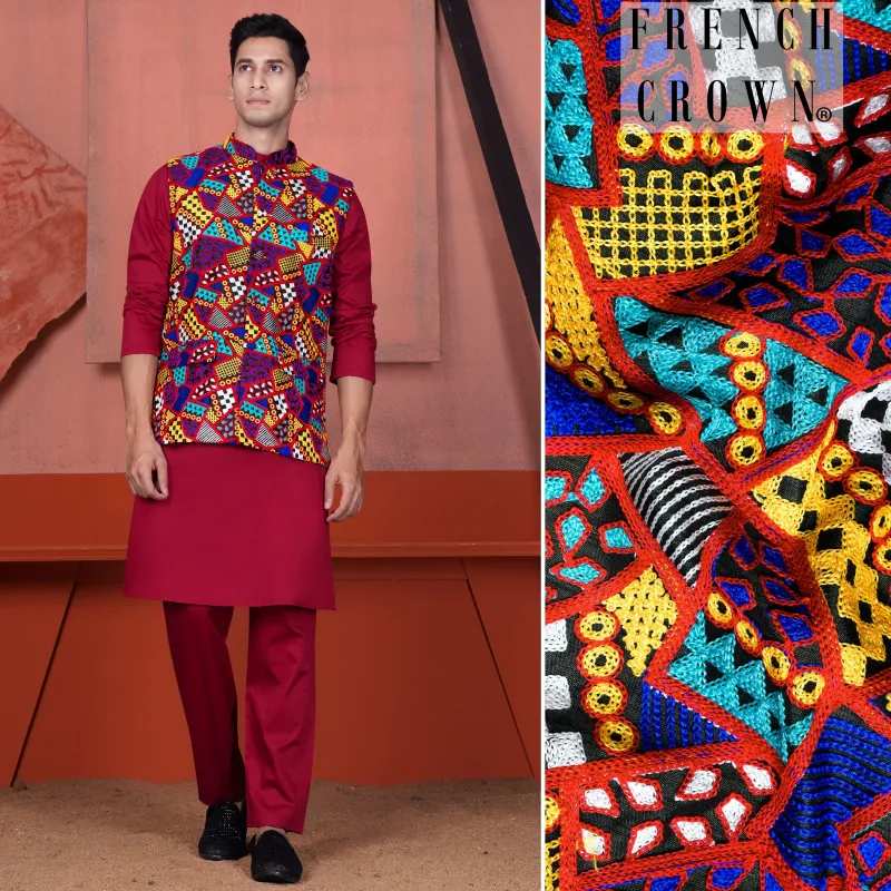 Vivid Auburn Red Kurta with Canray Orange and Catalina Blue Multicolour Cotton Thread Embroidered Designer Nehru Jacket sold by French Crown