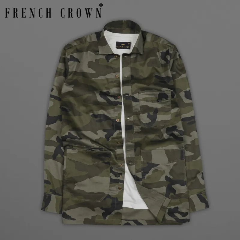 Iridium Green with Mirage Black Camouflage Printed Royal Oxford Designer Overshirt/Shacket sold by French Crown