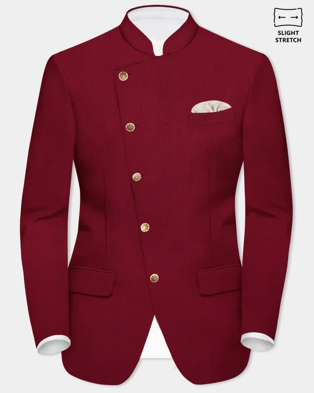 CrimsonAce-Cherry Red Solid Wool Rich Cross Placket Bandhgala Slight Stretch Blazer made by French Crown