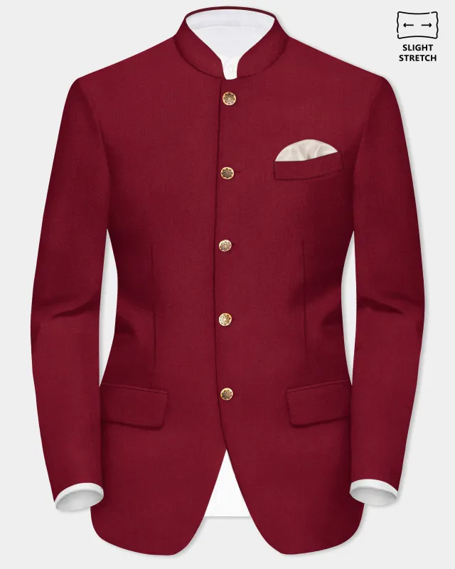 CrimsonAce-Cherry Red Solid Wool Rich Bandhgala Slight Stretch Blazer made by French Crown